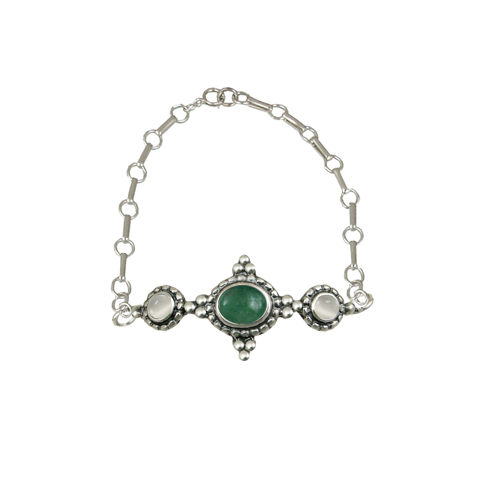 Sterling Silver Gemstone Adjustable Chain Bracelet With Jade And White Moonstone